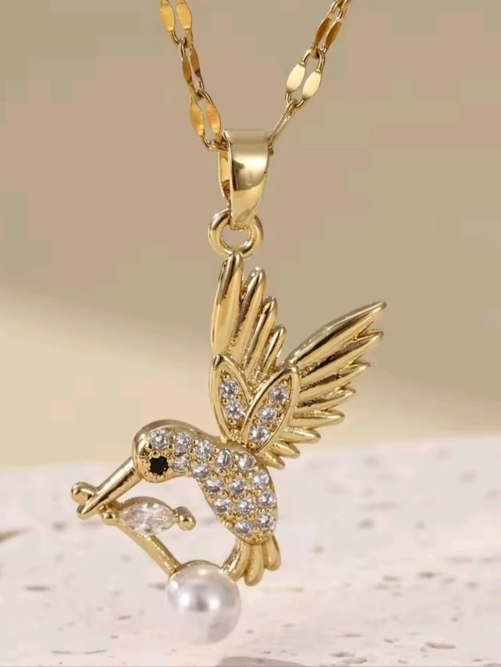 Gold Hummingbird Pearl Necklace Dainty Crystal Bird Pendant Sparkly Jewelry